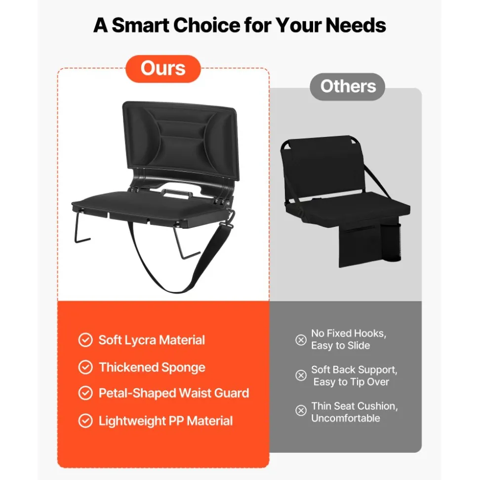 VEVOR Stadium Seat, Folding Bleacher Chair with Back Support and Thick Cushion, Padded Stadium Seat for Bleacher Includes Shoulder Strap, Hooks, Cup Holder, Lycra Material, Side Pocket, PP Material