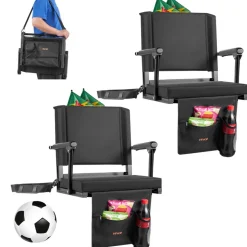 VEVOR Stadium Seat, Portable Bleacher Seat with Armrest, Back Support and Thick Cushion, Bench Chair for Bleacher Includes Shoulder Strap, Hooks, Cup Holder, Black Football Bleachers Seats, 2PCS