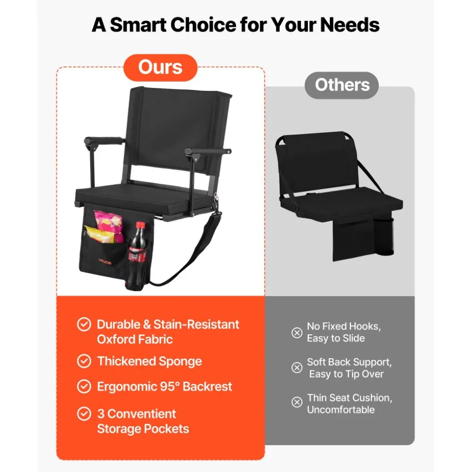 VEVOR Stadium Seat, Portable Bleacher Seat with Armrest, Back Support and Thick Cushion, Bench Chair for Bleacher Includes Shoulder Strap, Hooks, Cup Holder, Black Football Bleachers Seats, 2PCS