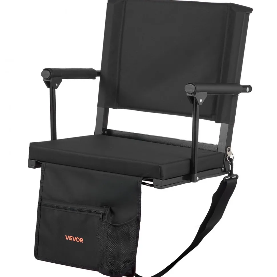 VEVOR Stadium Seat, Portable Bleacher Seat with Armrest, Back Support and Thick Cushion, Bench Chair for Bleacher Includes Shoulder Strap, Hooks, Cup Holder, Black Football Bleachers Seats, 2PCS