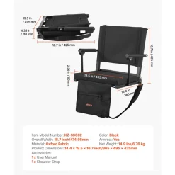 VEVOR Stadium Seat, Portable Bleacher Seat with Armrest, Back Support and Thick Cushion, Bench Chair for Bleacher Includes Shoulder Strap, Hooks, Cup Holder, Black Football Bleachers Seats, 2PCS