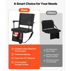 VEVOR Stadium Seat, Portable Bleacher Seat with Armrest, Back Support and Thick Cushion, Bench Chair for Bleacher Includes Shoulder Strap, Hooks, Cup Holder, Black Football Bleachers Seats, 1PCS