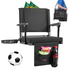 VEVOR Stadium Seat, Portable Bleacher Seat with Armrest, Back Support and Thick Cushion, Bench Chair for Bleacher Includes Shoulder Strap, Hooks, Cup Holder, Black Football Bleachers Seats, 1PCS
