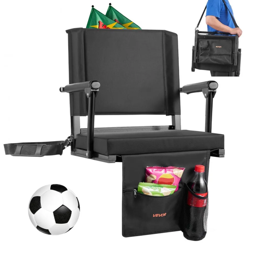 VEVOR Stadium Seat, Portable Bleacher Seat with Armrest, Back Support and Thick Cushion, Bench Chair for Bleacher Includes Shoulder Strap, Hooks, Cup Holder, Black Football Bleachers Seats, 1PCS