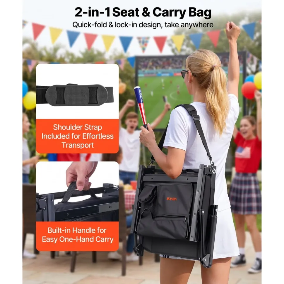 VEVOR Stadium Seat, Portable Bleacher Seat with Armrest, Back Support and Thick Cushion, Bench Chair for Bleacher Includes Shoulder Strap, Hooks, Cup Holder, Black Football Bleachers Seats, 1PCS