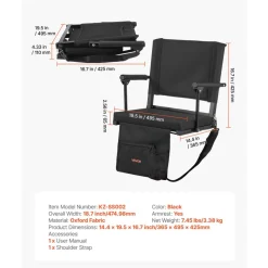 VEVOR Stadium Seat, Portable Bleacher Seat with Armrest, Back Support and Thick Cushion, Bench Chair for Bleacher Includes Shoulder Strap, Hooks, Cup Holder, Black Football Bleachers Seats, 1PCS
