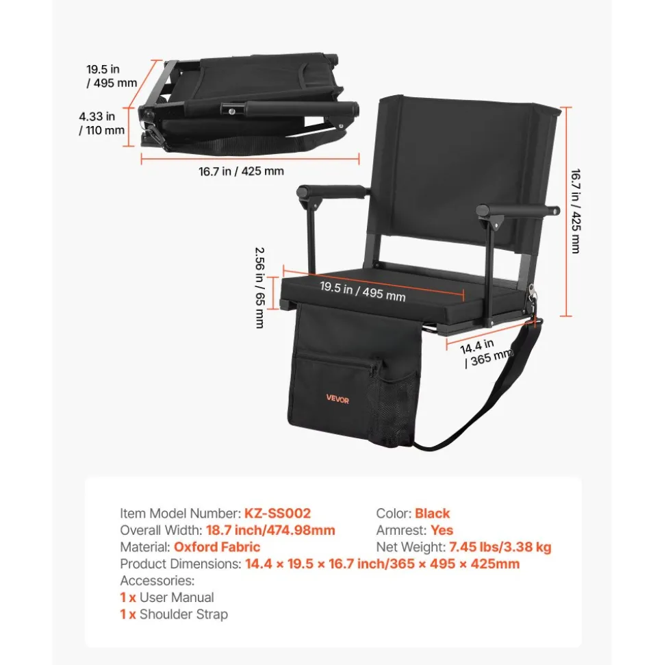 VEVOR Stadium Seat, Portable Bleacher Seat with Armrest, Back Support and Thick Cushion, Bench Chair for Bleacher Includes Shoulder Strap, Hooks, Cup Holder, Black Football Bleachers Seats, 1PCS