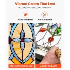 VEVOR Stained Glass Window Panel, 32 x 10 in, Tiffany Style Hanging Transom Window Panel with Chain, Large Horizontal Rectangle Stain Glass, Vintage Traditional Art Handcrafts for Kitchen Home Decor