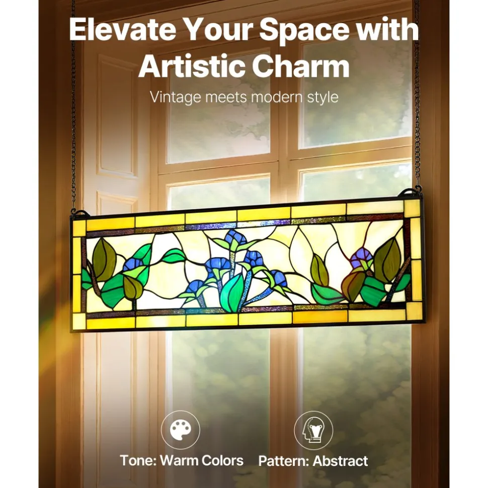 VEVOR Stained Glass Window Panel, 35.2" x 13.1" Tiffany Style Hanging Transom Window Panel with Chain, Large Horizontal Rectangle Stain Glass, Vintage Traditional Art Handcrafts for Kitchen Home Decor