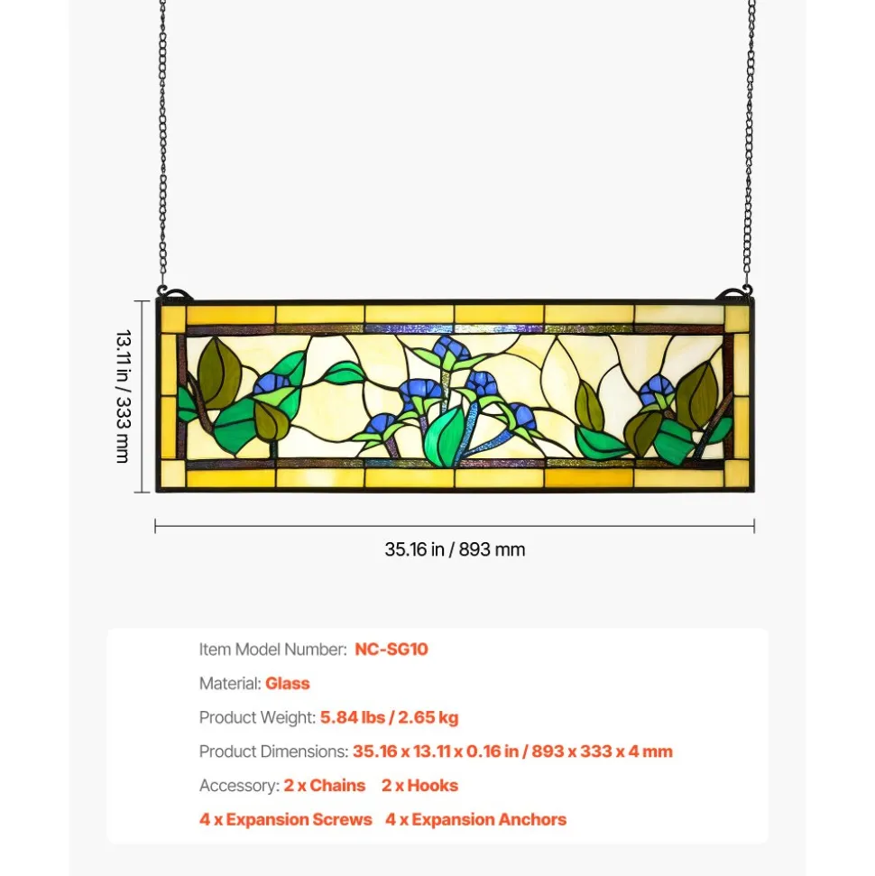VEVOR Stained Glass Window Panel, 35.2" x 13.1" Tiffany Style Hanging Transom Window Panel with Chain, Large Horizontal Rectangle Stain Glass, Vintage Traditional Art Handcrafts for Kitchen Home Decor