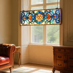 VEVOR Stained Glass Window Panel, 35.1" x 12.9" Tiffany Style Hanging Transom Window Panel with Chain, Large Horizontal Rectangle Stain Glass, Vintage Traditional Art Handcrafts for Kitchen Home Decor