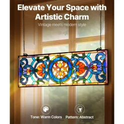 VEVOR Stained Glass Window Panel, 35.1" x 12.9" Tiffany Style Hanging Transom Window Panel with Chain, Large Horizontal Rectangle Stain Glass, Vintage Traditional Art Handcrafts for Kitchen Home Decor