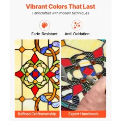 VEVOR Stained Glass Window Panel, 26 x 16 in, Tiffany Style Hanging Transom Window Panel with Chain, Large Horizontal Rectangle Stain Glass, Vintage Traditional Art Handcrafts for Kitchen Home Decor
