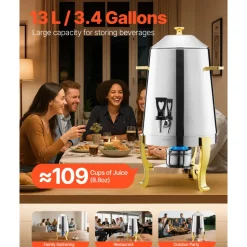 VEVOR Stainless Steel Beverage Dispenser, 3.4 Gallon Drink Dispenser with Alcohol Burner, Hot & Cold Drink Dispensers with Spigot for Coffee Tea Hot Water, Ideal for Restaurants, Hotels, Parties