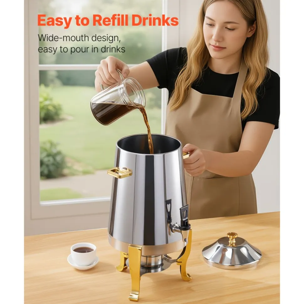 VEVOR Stainless Steel Beverage Dispenser, 3.4 Gallon Drink Dispenser with Alcohol Burner, Hot & Cold Drink Dispensers with Spigot for Coffee Tea Hot Water, Ideal for Restaurants, Hotels, Parties