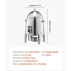 VEVOR Stainless Steel Beverage Dispenser, 2.7 Gallon Drink Dispenser  with Alcohol Burner, Hot & Cold Drink Dispensers for Coffee Tea Hot Water, with Spigot Ice Tube, for Restaurants, Hotels, Parties