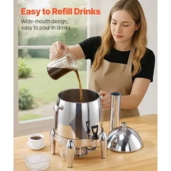 VEVOR Stainless Steel Beverage Dispenser, 2.7 Gallon Drink Dispenser with Alcohol Burner, Hot & Cold Drink Dispensers for Coffee Tea Hot Water, with Spigot Ice Tube, for Restaurants, Hotels, Parties