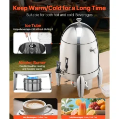 VEVOR Stainless Steel Beverage Dispenser, 2.7 Gallon Drink Dispenser with Alcohol Burner, Hot & Cold Drink Dispensers for Coffee Tea Hot Water, with Spigot Ice Tube, for Restaurants, Hotels, Parties