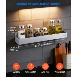 VEVOR Stainless Steel Bottle Holder, 24 Inch Bar Speed Rail, Liquor Bottle Holder Rack with Bolt-On Mounting & Hook-On Mounting, Wall Mounted Syrup Rack for Kitchen, Bar, Restaurant, Pub, Silver