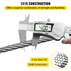 VEVOR 316 Stainless Steel Cable, 500FT Stainless Steel Wire Rope of 5/32 Inch Diameter and 1x19 Construction, 3300 LBS Breaking Strength Steel Cable for Outdoor Railing Decking DIY Balustrade