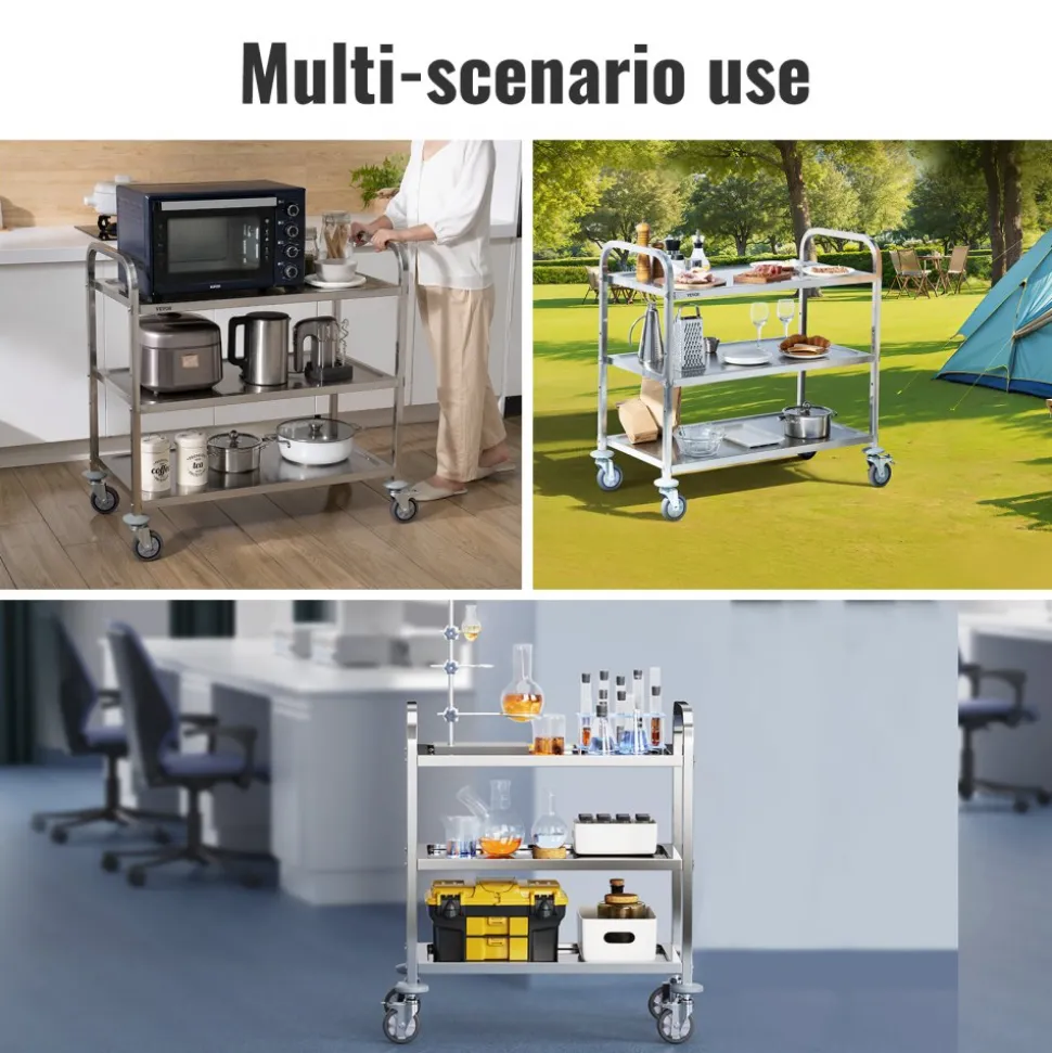 VEVOR Stainless Steel Cart, 3 Layers Lab Utility Cart 400 lbs Weight Capacity, Medical Cart with Lockable Universal Wheels, for Lab, Clinic, Kitchen, Salon