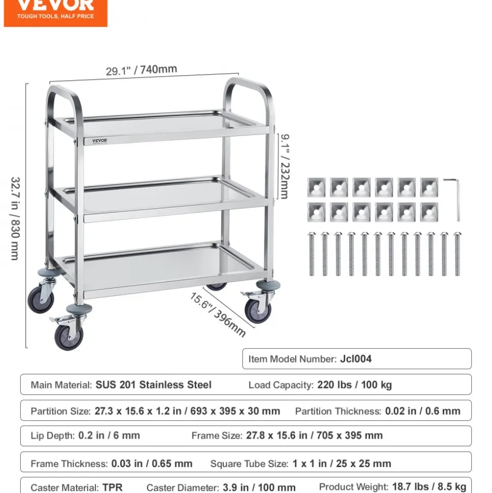 VEVOR Stainless Steel Cart, 3 Layers Lab Utility Cart 400 lbs Weight Capacity, Medical Cart with Lockable Universal Wheels, for Lab, Clinic, Kitchen, Salon