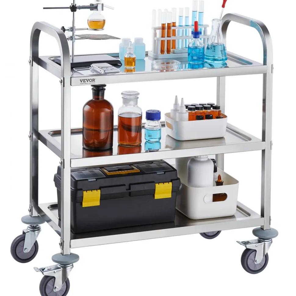VEVOR Stainless Steel Cart, 3 Layers Lab Utility Cart 400 lbs Weight Capacity, Medical Cart with Lockable Universal Wheels, for Lab, Clinic, Kitchen, Salon