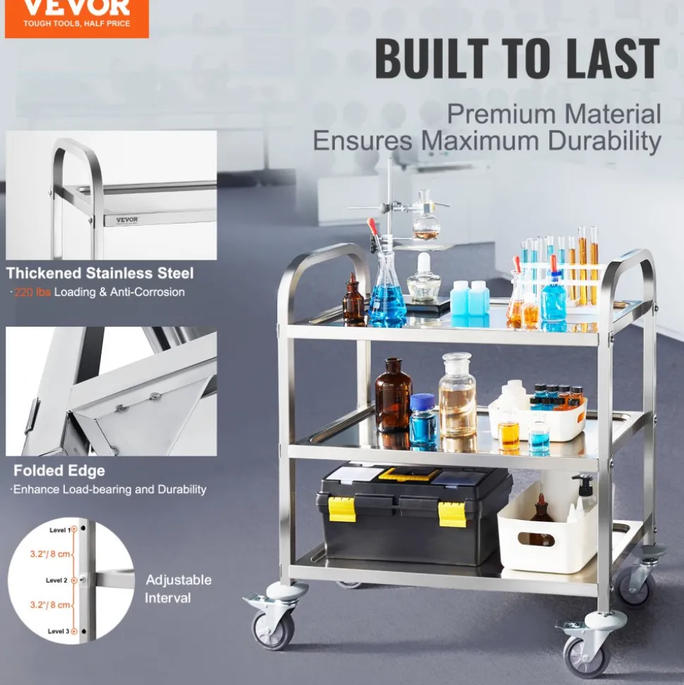 VEVOR Stainless Steel Cart, 3 Layers Lab Utility Cart 400 lbs Weight Capacity, Medical Cart with Lockable Universal Wheels, for Lab, Clinic, Kitchen, Salon