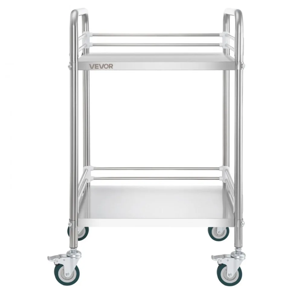 VEVOR Stainless Steel Cart, 2-Tier Rolling Lab Utility Cart with Lockable Wheels, Medical Serving Trolley Clinic Tray, Heavy Duty Mobile Service Storage Tray for Hospital, Restaurant, Kitchen, Salon