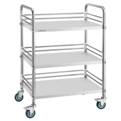 VEVOR Stainless Steel Cart, 3-Tier Rolling Lab Utility Cart with Lockable Wheels, Medical Serving Trolley Clinic Tray, Heavy Duty Mobile Service Storage Tray for Hospital, Restaurant, Kitchen, Salon