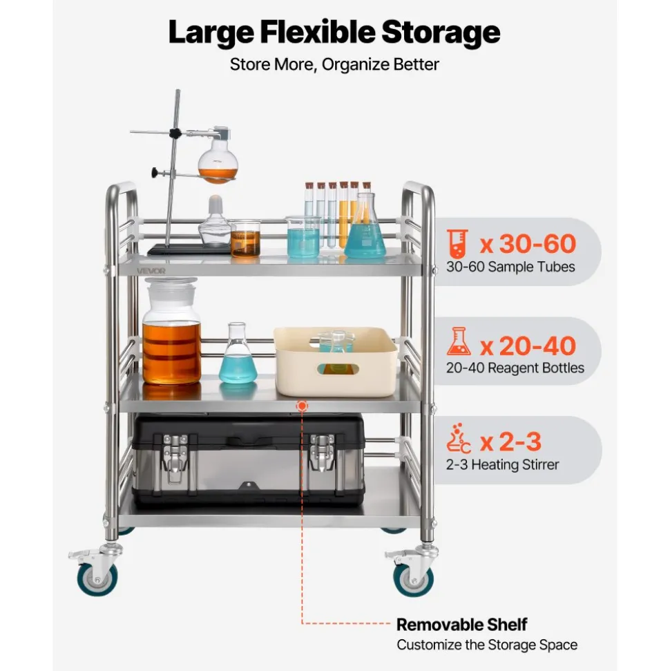 VEVOR Stainless Steel Cart, 3-Tier Rolling Lab Utility Cart with Lockable Wheels, Medical Serving Trolley Clinic Tray, Heavy Duty Mobile Service Storage Tray for Hospital, Restaurant, Kitchen, Salon