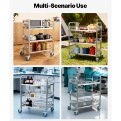 VEVOR Stainless Steel Cart, 3-Tier Rolling Lab Utility Cart with Lockable Wheels, Medical Serving Trolley Clinic Tray, Heavy Duty Mobile Service Storage Tray for Hospital, Restaurant, Kitchen, Salon
