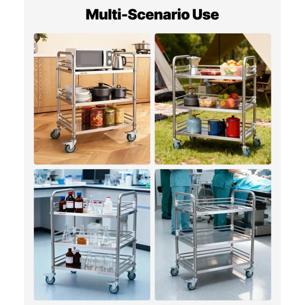 VEVOR Stainless Steel Cart, 3-Tier Rolling Lab Utility Cart with Lockable Wheels, Medical Serving Trolley Clinic Tray, Heavy Duty Mobile Service Storage Tray for Hospital, Restaurant, Kitchen, Salon