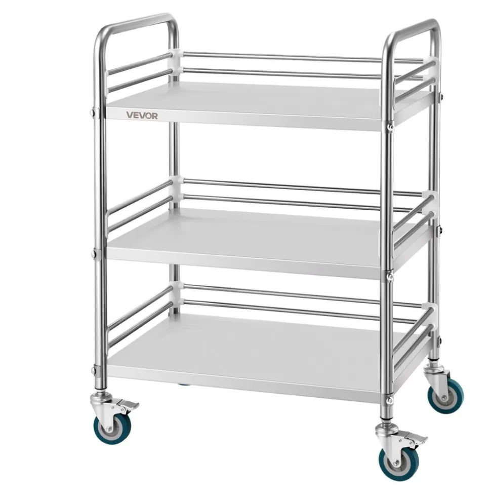 VEVOR Stainless Steel Cart, 3-Tier Rolling Lab Utility Cart with Lockable Wheels, Medical Serving Trolley Clinic Tray, Heavy Duty Mobile Service Storage Tray for Hospital, Restaurant, Kitchen, Salon