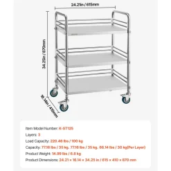 VEVOR Stainless Steel Cart, 3-Tier Rolling Lab Utility Cart with Lockable Wheels, Medical Serving Trolley Clinic Tray, Heavy Duty Mobile Service Storage Tray for Hospital, Restaurant, Kitchen, Salon