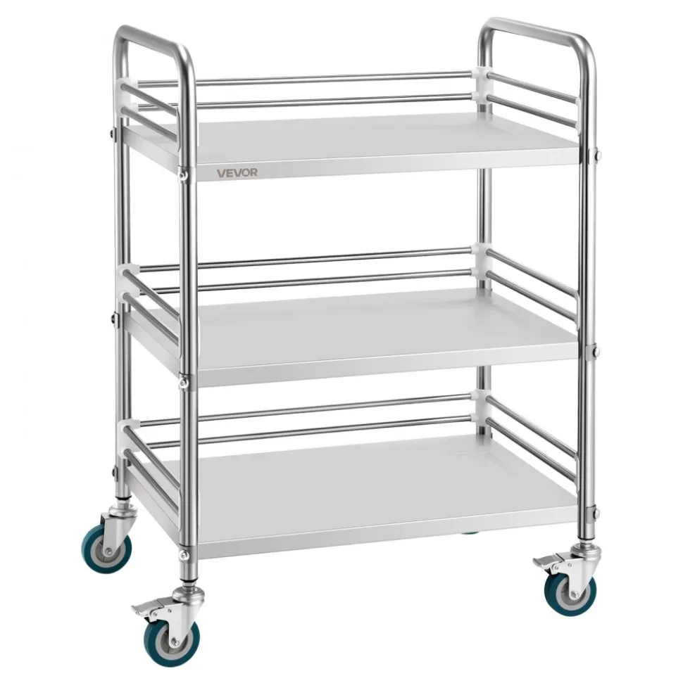 VEVOR Stainless Steel Cart, 3-Tier Rolling Lab Utility Cart with Lockable Wheels, Medical Serving Trolley Clinic Tray, Heavy Duty Mobile Service Storage Tray for Hospital, Restaurant, Kitchen, Salon