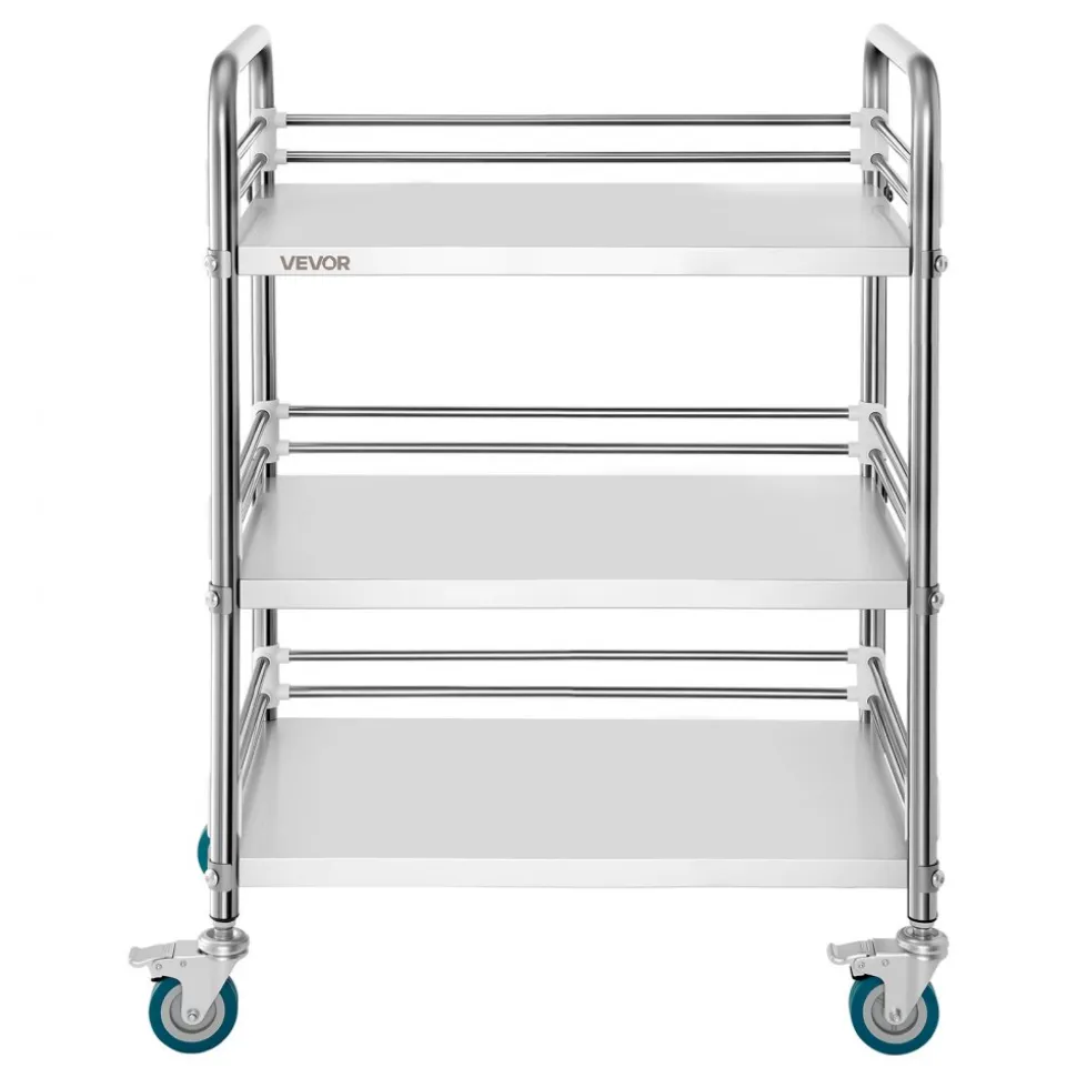 VEVOR Stainless Steel Cart, 3-Tier Rolling Lab Utility Cart with Lockable Wheels, Medical Serving Trolley Clinic Tray, Heavy Duty Mobile Service Storage Tray for Hospital, Restaurant, Kitchen, Salon