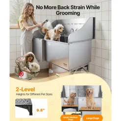 VEVOR 304 Stainless Steel Dog Washing Station, 61 Inch Pet Grooming Tub with Non-Slip Low-Slope Ramp, Storage Drawer, Hot & Cold Faucet, All-in-One Bath for Grooming Shop, Fits All Sizes (Left Door)
