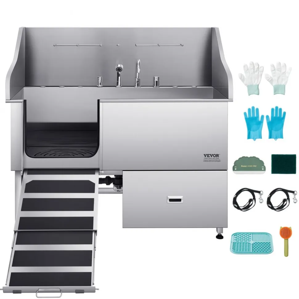 VEVOR Stainless Steel Dog Washing Station, 62 inch Pet Grooming Tub w/ Stairs, PE Water Filter Board, Faucet & Showerhead & Soap Holder Dog Bathtub for Large & Medium & Small Pets (Right Door)