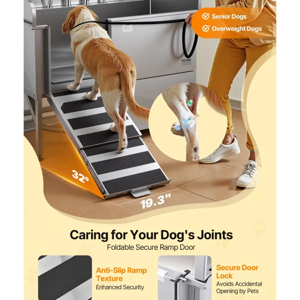 VEVOR Stainless Steel Dog Washing Station, 62 inch Pet Grooming Tub w/ Stairs, PE Water Filter Board, Faucet & Showerhead & Soap Holder Dog Bathtub for Large & Medium & Small Pets (Right Door)
