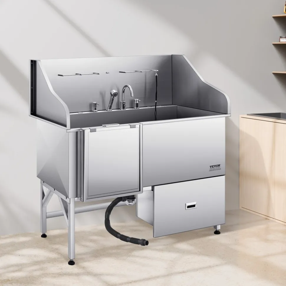 VEVOR Stainless Steel Dog Washing Station, 62 inch Pet Grooming Tub w/ Stairs, PE Water Filter Board, Faucet & Showerhead & Soap Holder Dog Bathtub for Large & Medium & Small Pets (Right Door)