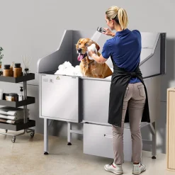 VEVOR Stainless Steel Dog Washing Station, 50 inch Pet Grooming Tub w/ Ramp, PE Water Filter Board, Faucet & Showerhead & Soap Holder Dog Bathtub for Large & Medium & Small Pets (Left Door)