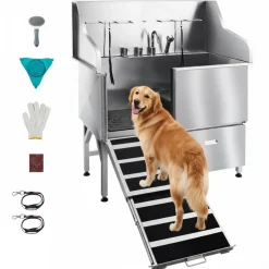 VEVOR Stainless Steel Dog Washing Station, 50 inch Pet Grooming Tub w/ Ramp, PE Water Filter Board, Faucet & Showerhead & Soap Holder Dog Bathtub for Large & Medium & Small Pets (Left Door)