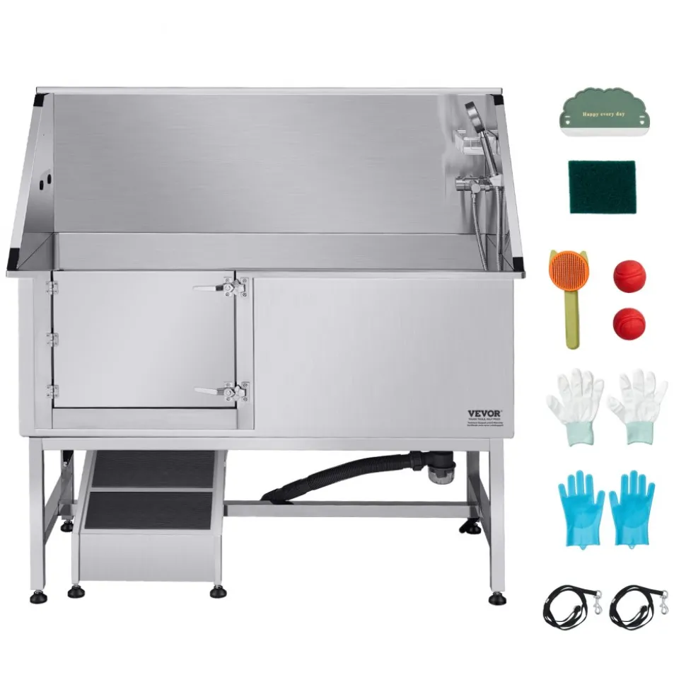 VEVOR Stainless Steel Dog Washing Station, 62 inch Pet Grooming Tub w/ Stairs, PE Water Filter Board, Faucet & Showerhead & Soap Holder Dog Bathtub for Large & Medium & Small Pets (Left Door)