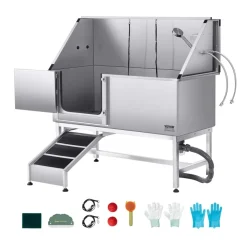 VEVOR Stainless Steel Dog Washing Station, 62 inch Pet Grooming Tub w/ Stairs, PE Water Filter Board, Faucet & Showerhead & Soap Holder Dog Bathtub for Large & Medium & Small Pets (Left Door)