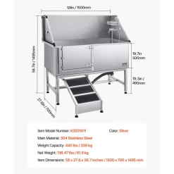 VEVOR Stainless Steel Dog Washing Station, 62 inch Pet Grooming Tub w/ Stairs, PE Water Filter Board, Faucet & Showerhead & Soap Holder Dog Bathtub for Large & Medium & Small Pets (Left Door)