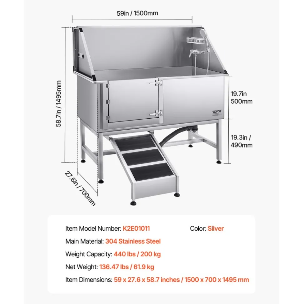 VEVOR Stainless Steel Dog Washing Station, 62 inch Pet Grooming Tub w/ Stairs, PE Water Filter Board, Faucet & Showerhead & Soap Holder Dog Bathtub for Large & Medium & Small Pets (Left Door)