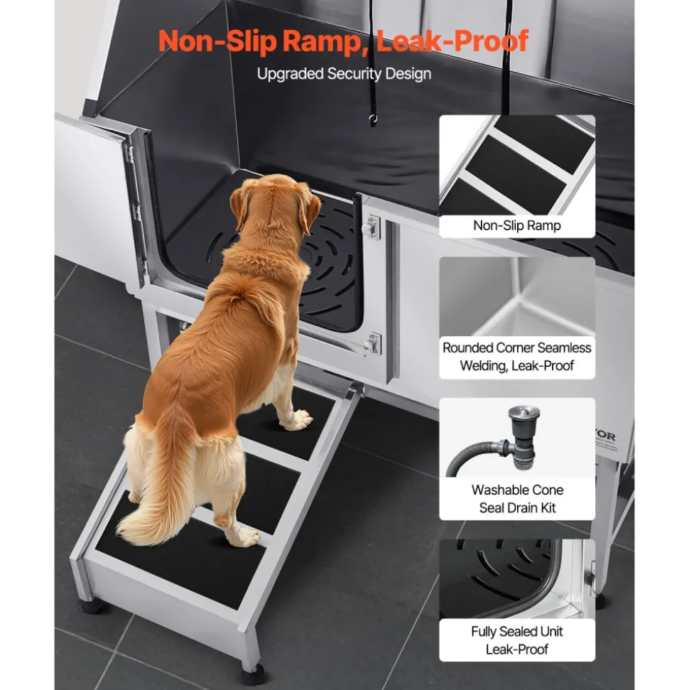 VEVOR Stainless Steel Dog Washing Station, 62 inch Pet Grooming Tub w/ Stairs, PE Water Filter Board, Faucet & Showerhead & Soap Holder Dog Bathtub for Large & Medium & Small Pets (Left Door)