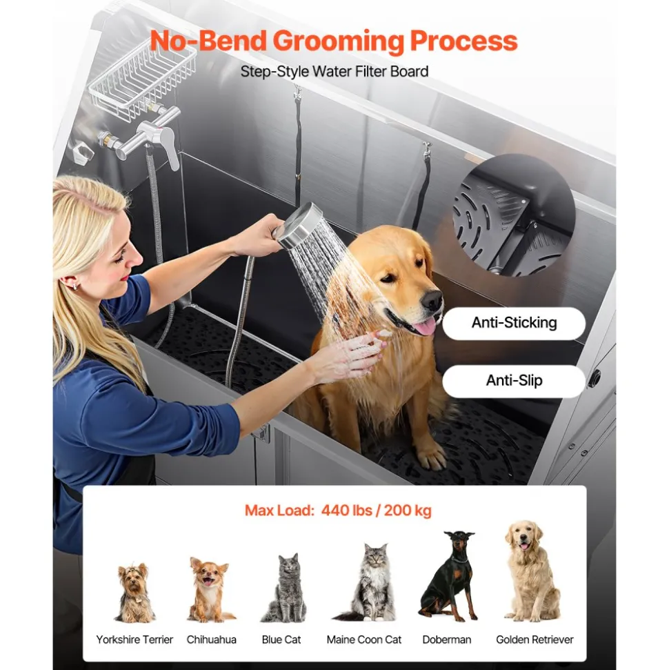 VEVOR Stainless Steel Dog Washing Station, 62 inch Pet Grooming Tub w/ Stairs, PE Water Filter Board, Faucet & Showerhead & Soap Holder Dog Bathtub for Large & Medium & Small Pets (Left Door)