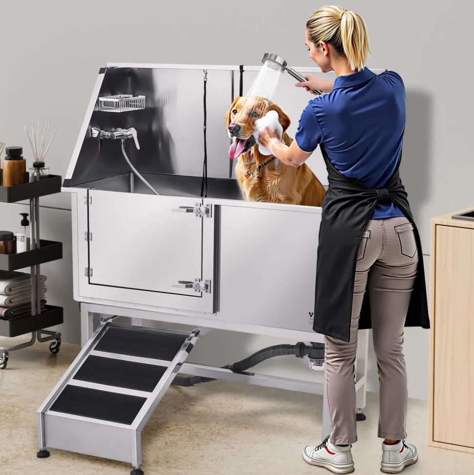 VEVOR Stainless Steel Dog Washing Station, 62 inch Pet Grooming Tub w/ Stairs, PE Water Filter Board, Faucet & Showerhead & Soap Holder Dog Bathtub for Large & Medium & Small Pets (Left Door)